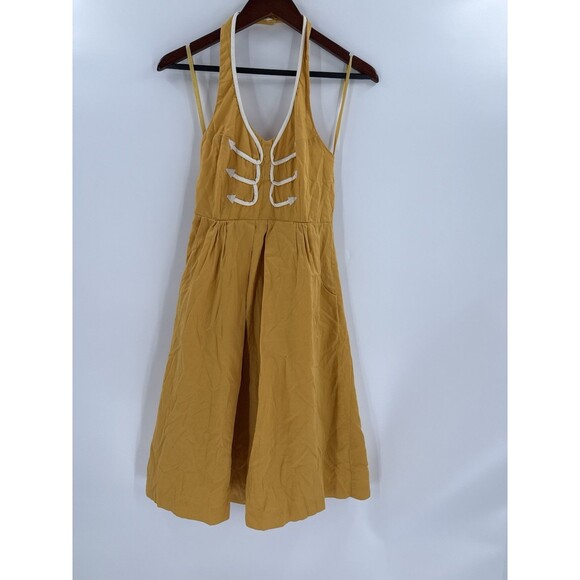 Anthropologie Floreat Anchors Aweigh Dress Halter Embroidered Yellow Size 0 - Picture 9 of 16